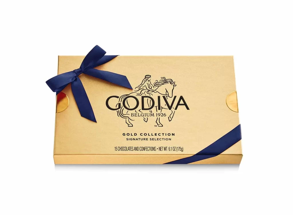 Godiva Assorted Chocolate Gold Gift Box Navy Ribbon 15 pc Packaging