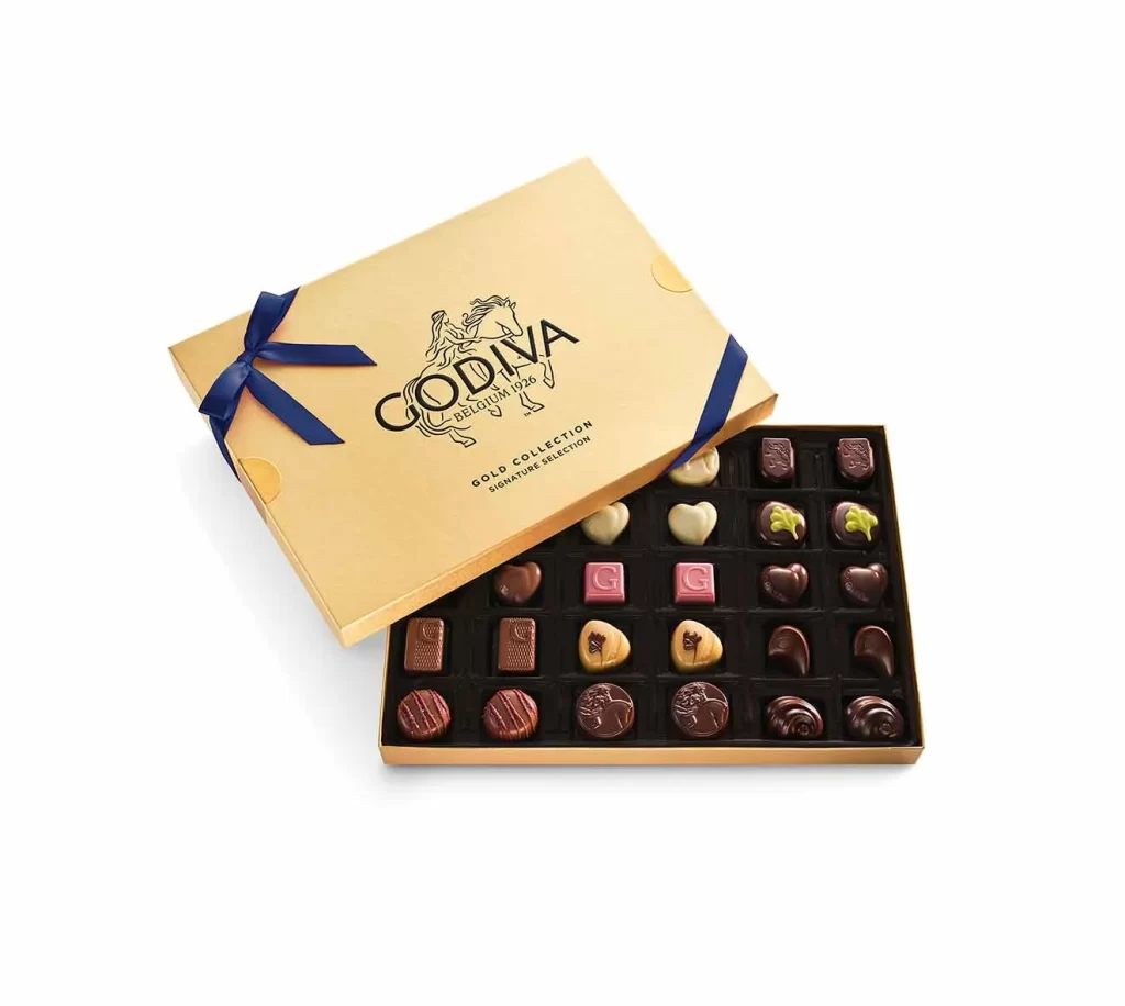 Godiva Assorted Chocolate Gold Gift Box Navy Ribbon 30 pc Packaging