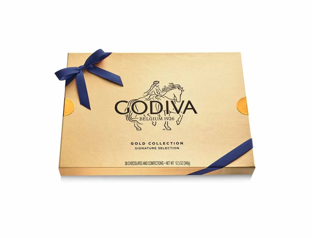 Godiva Assorted Chocolate Gold Gift Box Navy Ribbon 30 pc Packaging