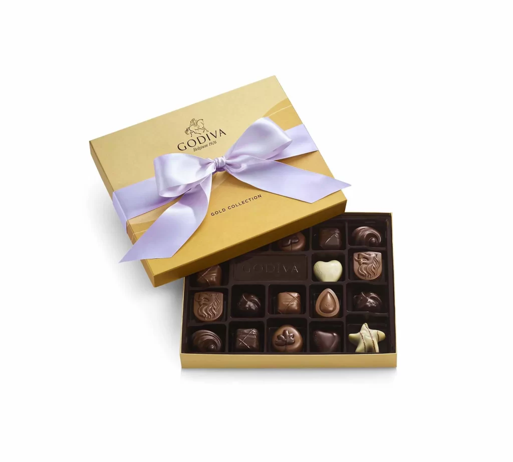 Godiva Assorted Chocolate Gold Gift Box Orchid Ribbon 18 pc Packaging