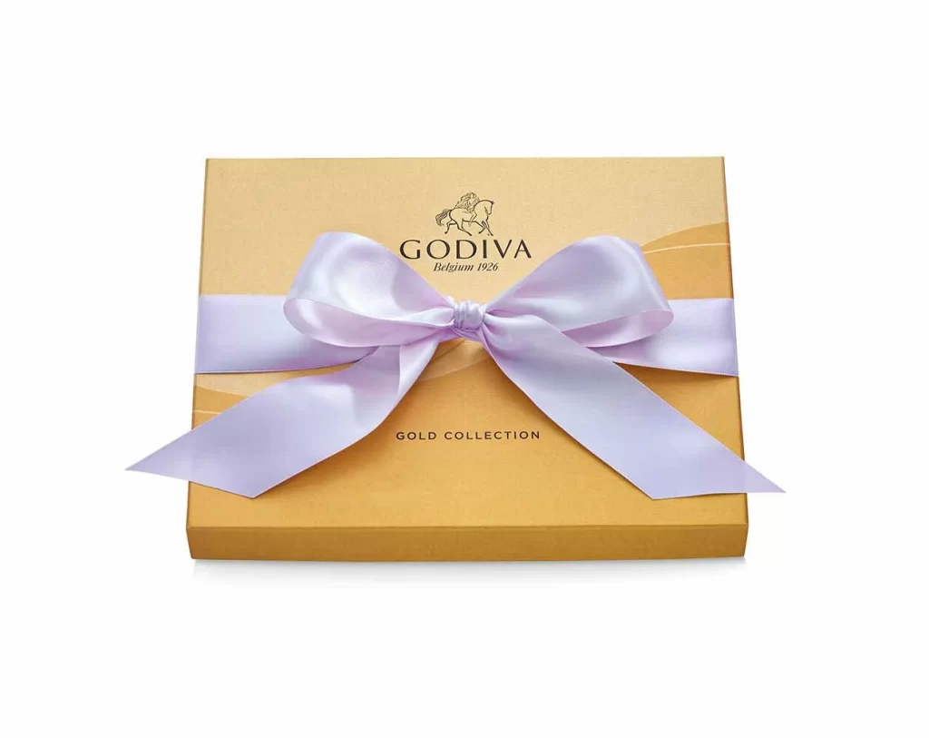 Godiva Assorted Chocolate Gold Gift Box Orchid Ribbon 18 pc Packaging
