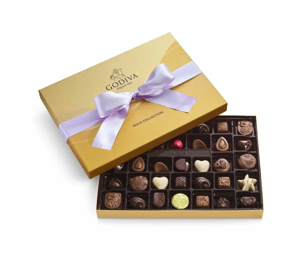 Godiva Assorted Chocolate Gold Gift Box Orchid Ribbon 36 pc Packaging