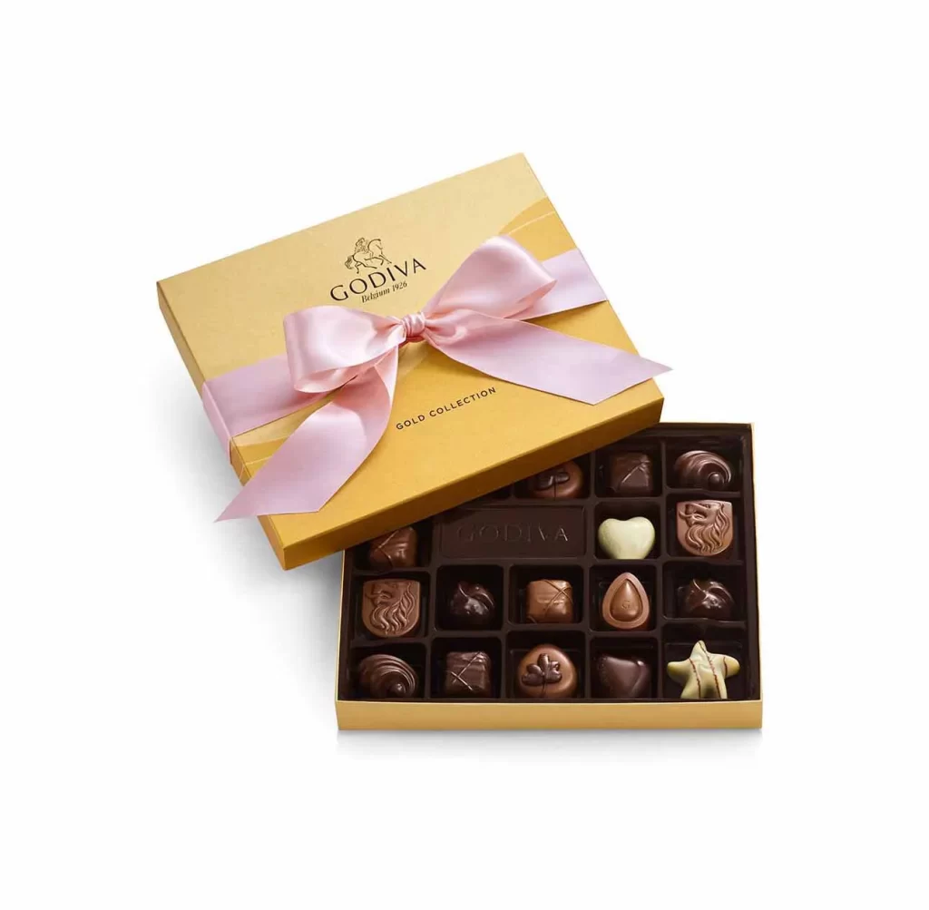 Godiva Assorted Chocolate Gold Gift Box Pink Ribbon 18 pc Packaging