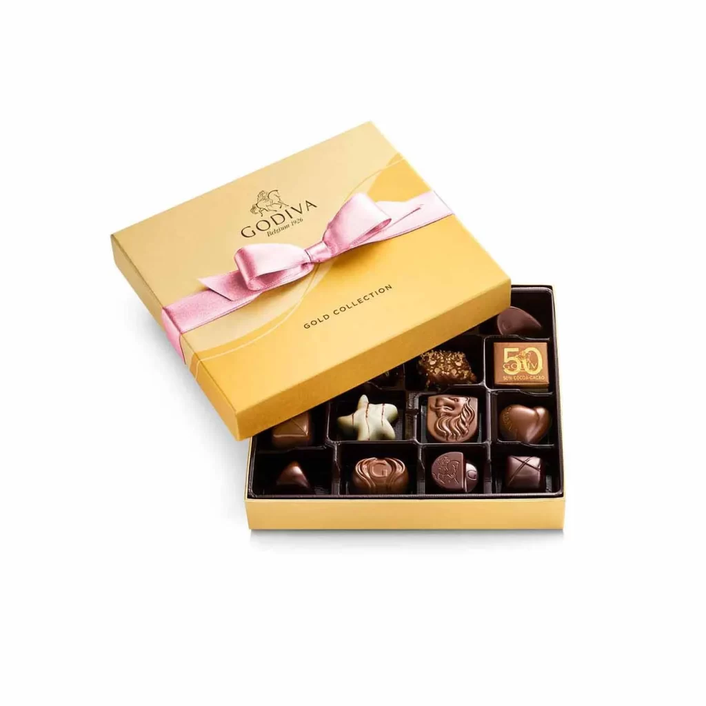 Godiva Assorted Chocolate Gold Gift Box Pink Ribbon 19 pc Packaging