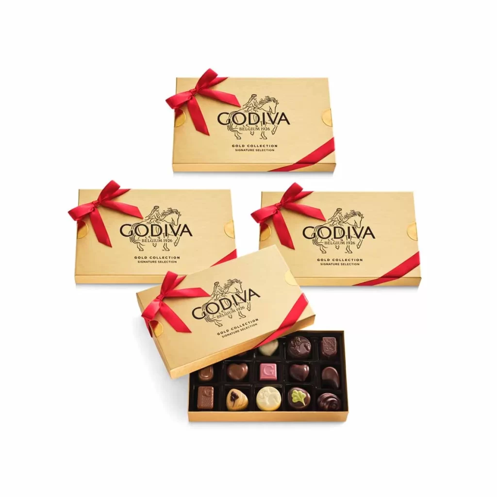 Godiva Assorted Chocolate Gold Gift Box Red Ribbon 15 pc Set of 4 Packaging