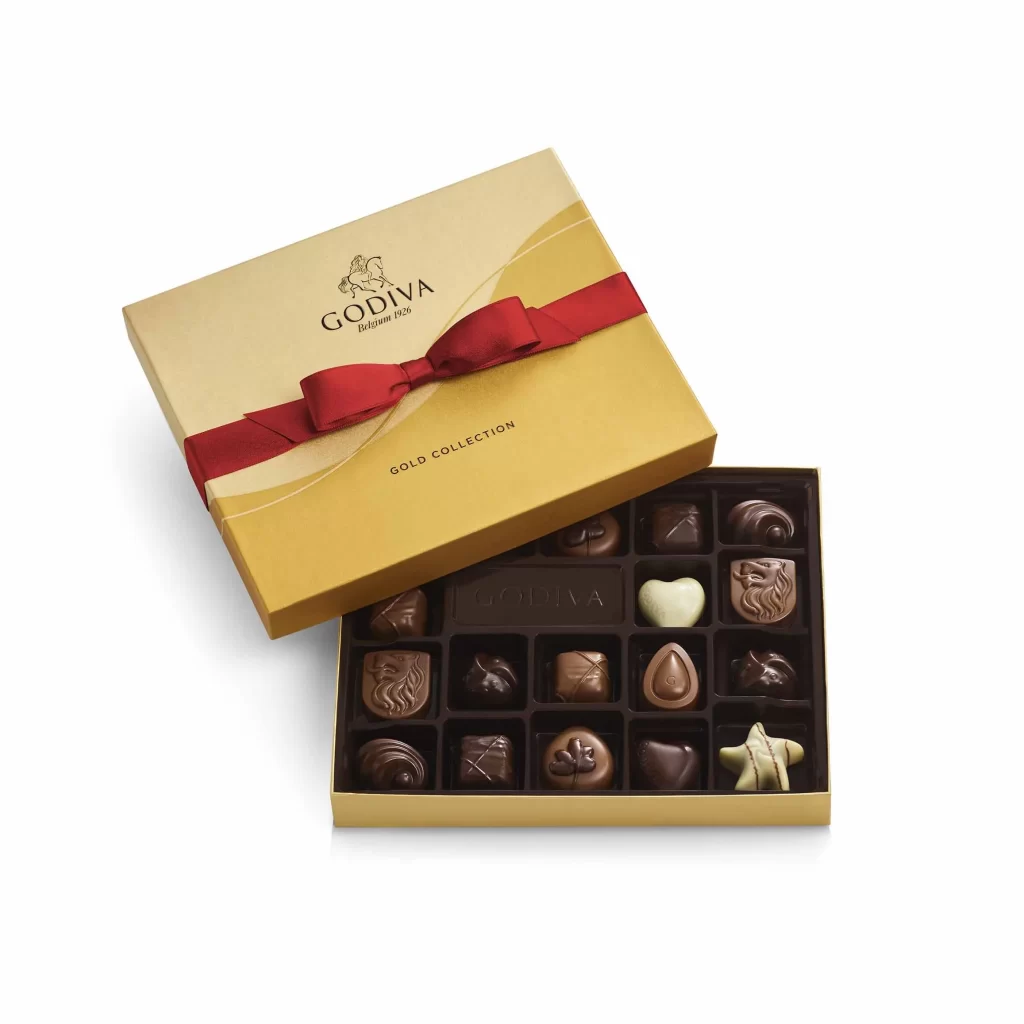 Godiva Assorted Chocolate Gold Gift Box Red Ribbon 18 pc Packaging