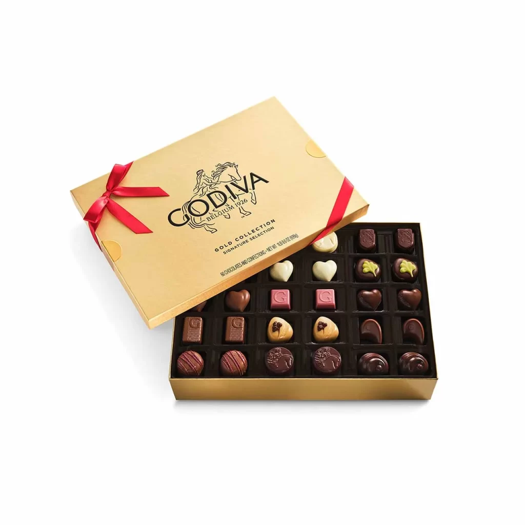 Godiva Assorted Chocolate Gold Gift Box Red Ribbon 60 pc Packaging