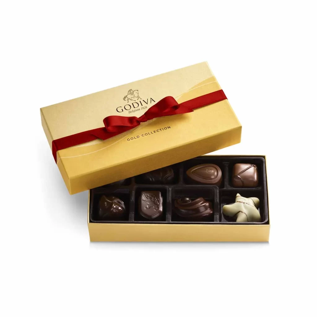 Godiva Assorted Chocolate Gold Gift Box Red Ribbon 8 pc + Heart Tin 12 pc Packaging