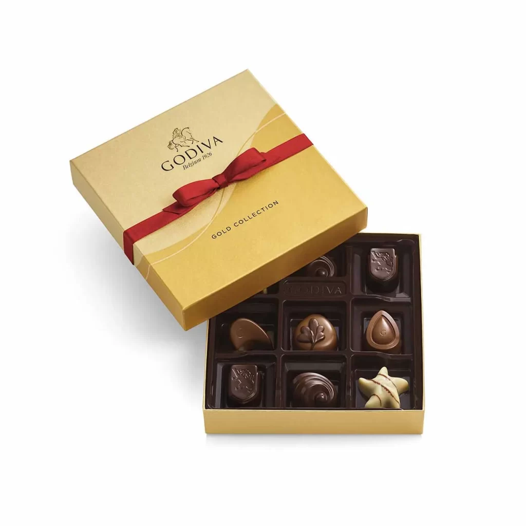 Godiva Assorted Chocolate Gold Gift Box Red Ribbon 9 pc Packaging
