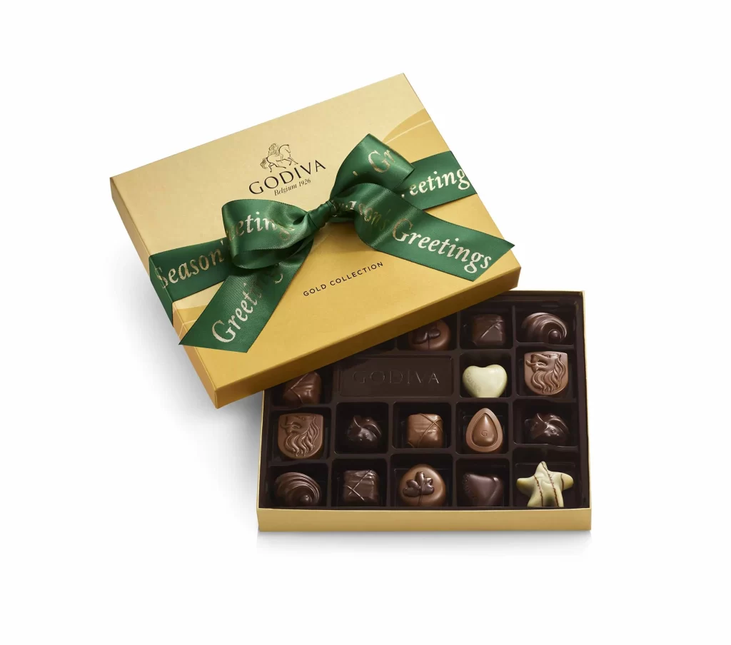 Godiva Assorted Chocolate Gold Gift Box Season’s Greetings Ribbon 18 pc Packaging