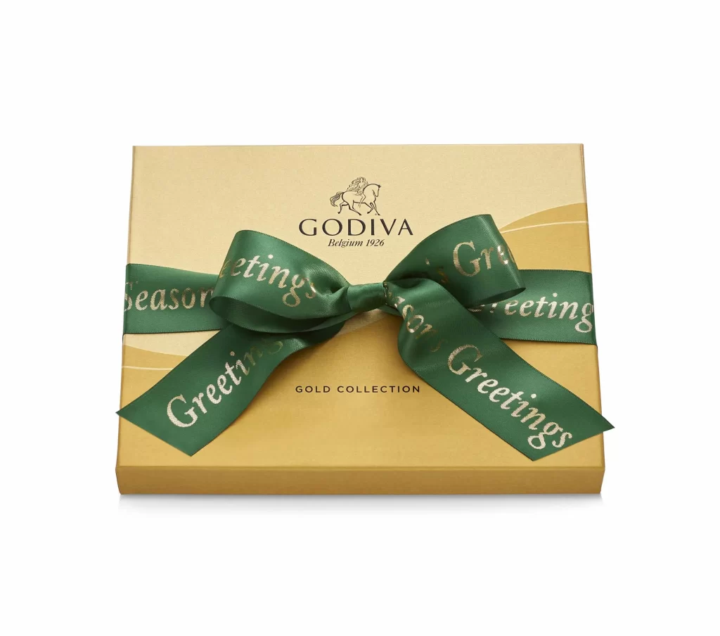 Godiva Assorted Chocolate Gold Gift Box Season’s Greetings Ribbon 18 pc Packaging