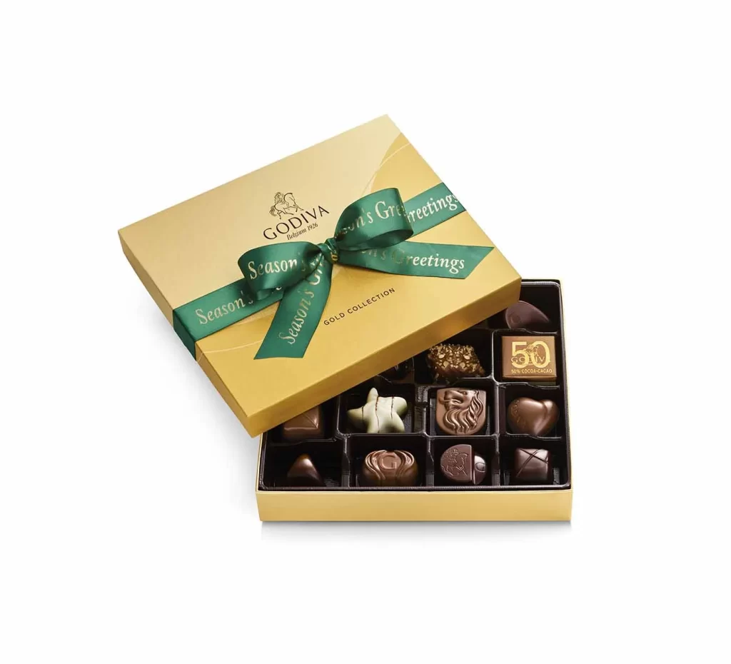 Godiva Assorted Chocolate Gold Gift Box Season’s Greetings Ribbon 19 pc Packaging