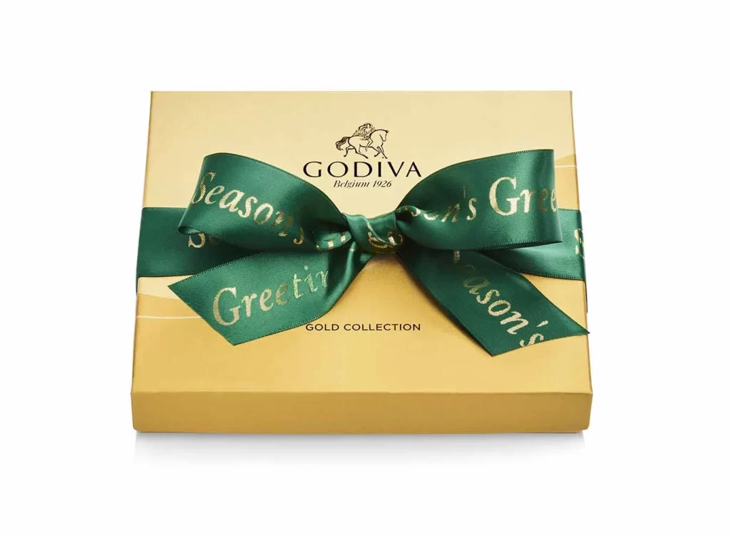 Godiva Assorted Chocolate Gold Gift Box Season’s Greetings Ribbon 19 pc Packaging