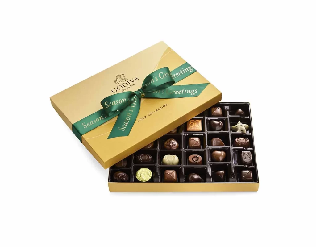 Godiva Assorted Chocolate Gold Gift Box Season’s Greetings Ribbon 36 pc Packaging