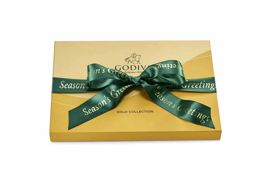 Godiva Assorted Chocolate Gold Gift Box Season’s Greetings Ribbon 36 pc Packaging