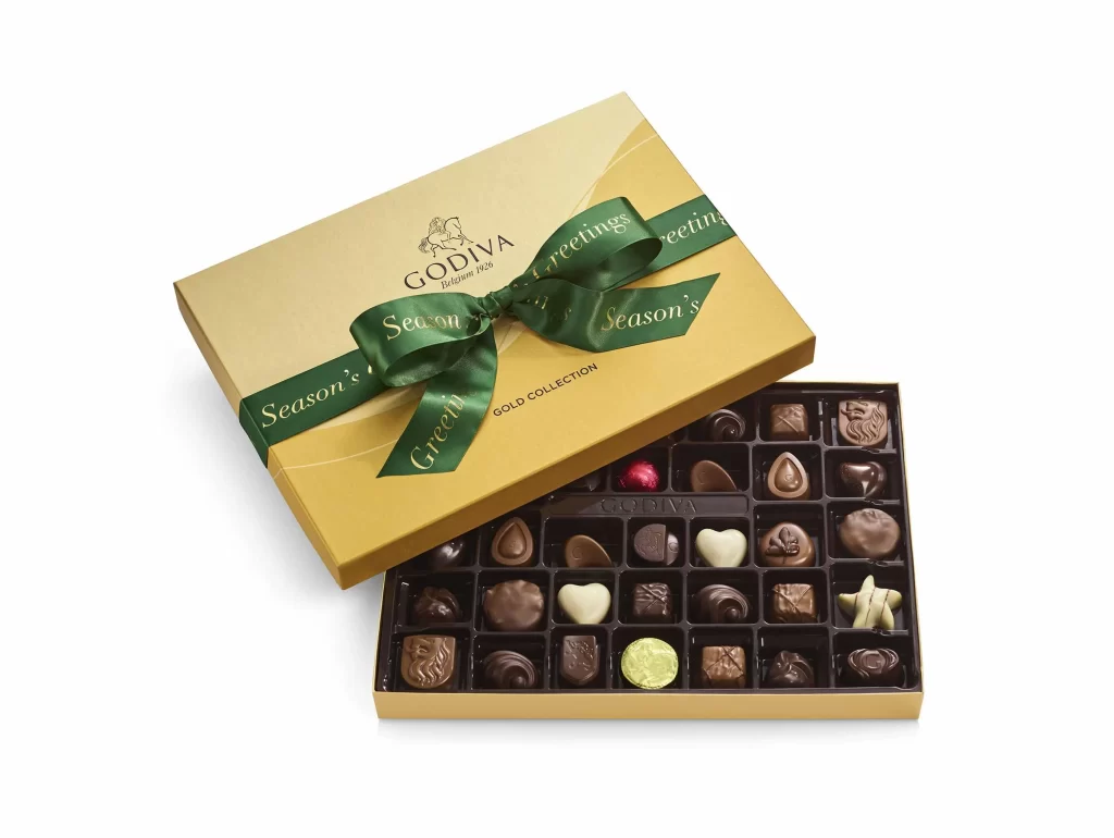 Godiva Assorted Chocolate Gold Gift Box Season’s Greetings Ribbon 36 pc Packaging