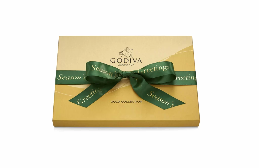 Godiva Assorted Chocolate Gold Gift Box Season’s Greetings Ribbon 36 pc Packaging
