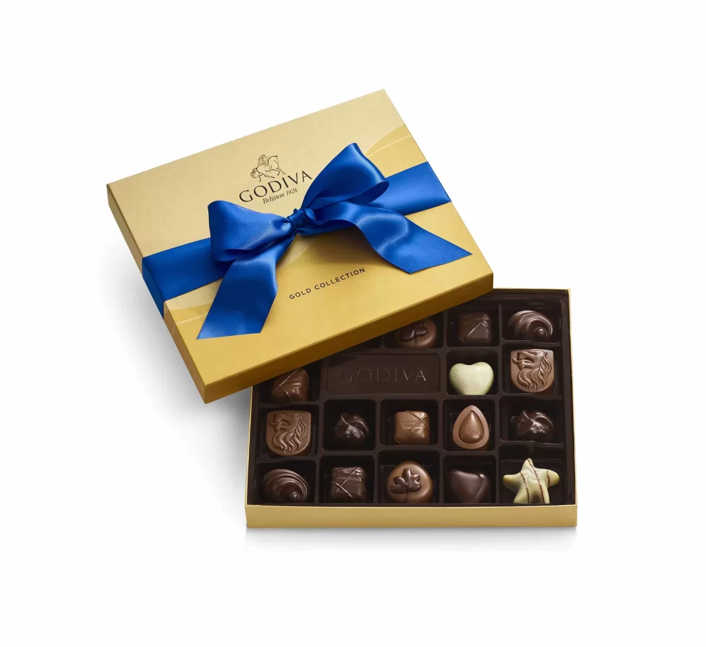 Godiva Assorted Chocolate Gold Gift Box Solid Blue Ribbon 18 pc Packaging