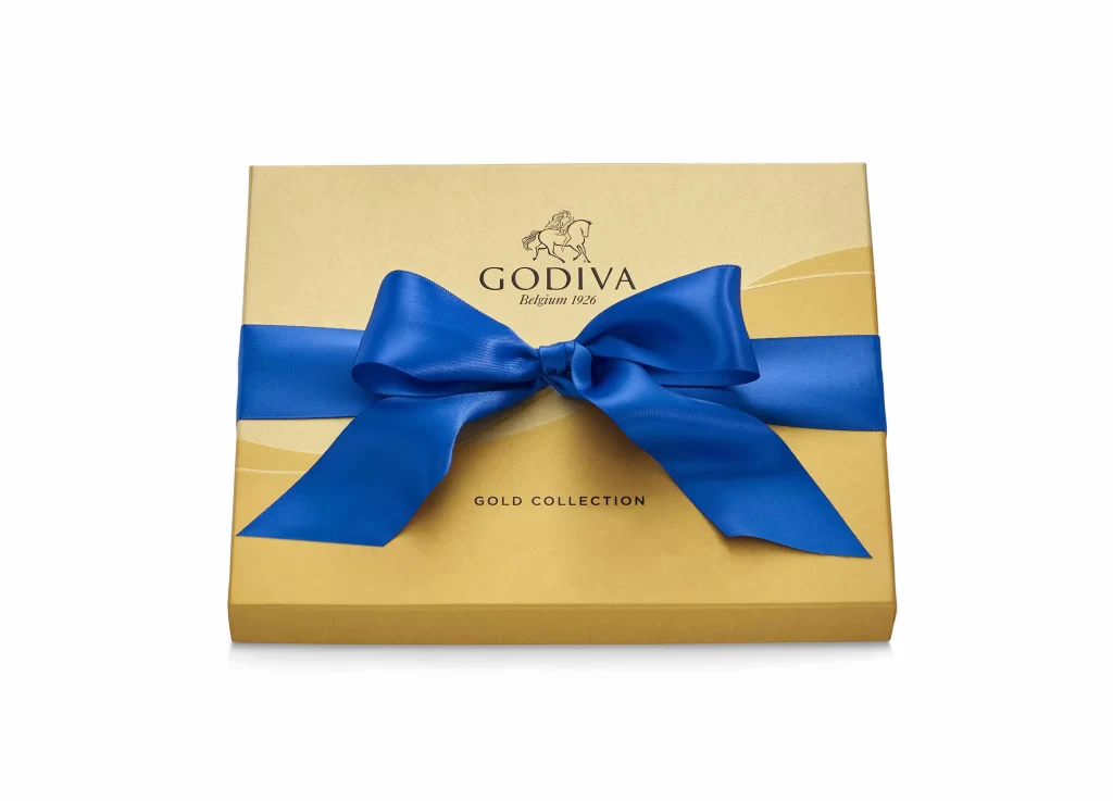 Godiva Assorted Chocolate Gold Gift Box Solid Blue Ribbon 18 pc Packaging