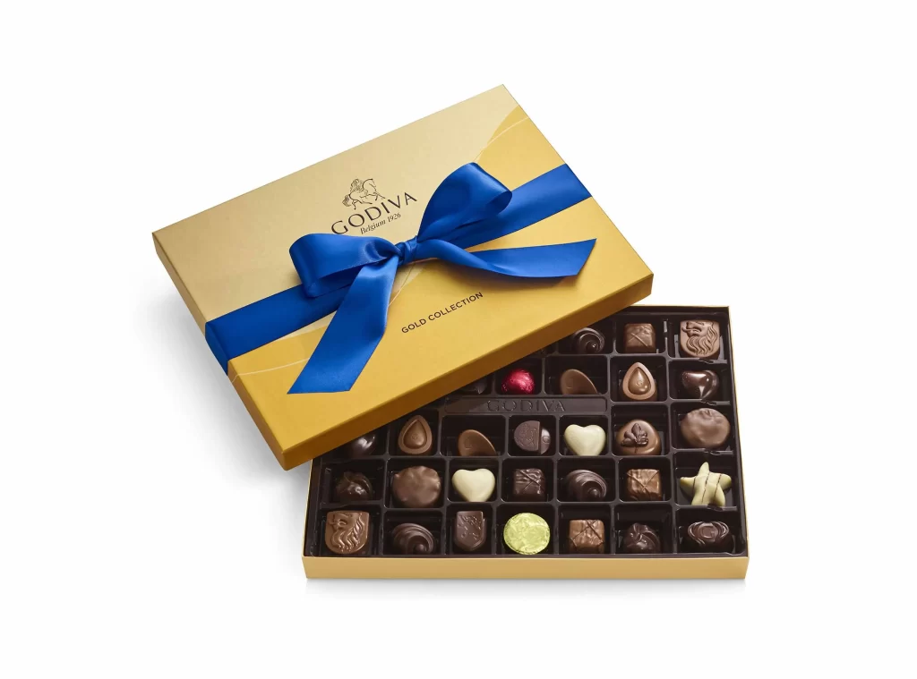 Godiva Assorted Chocolate Gold Gift Box Solid Blue Ribbon 36 pc Packaging