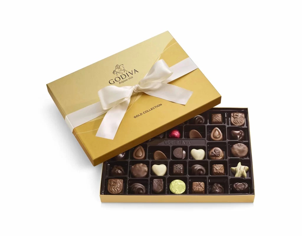 Godiva Assorted Chocolate Gold Gift Box Solid Ivory Ribbon 36 pc Packaging