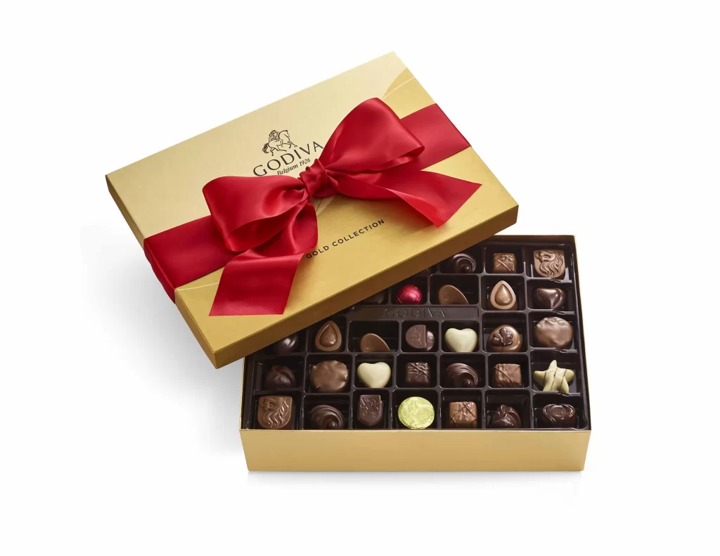 Godiva Assorted Chocolate Gold Gift Box Solid Red Ribbon 72 pc Packaging