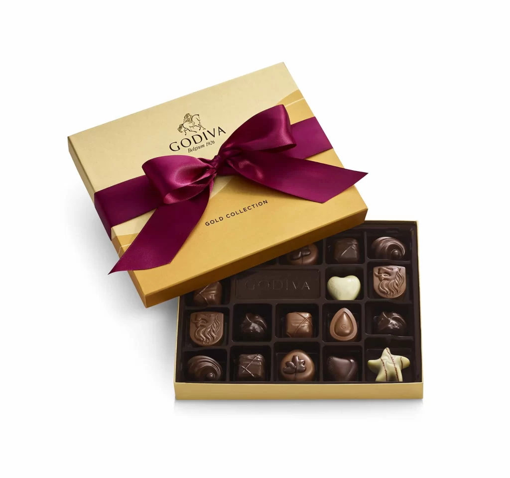 Godiva Assorted Chocolate Gold Gift Box Solid Wine Ribbon 18 pc Packaging