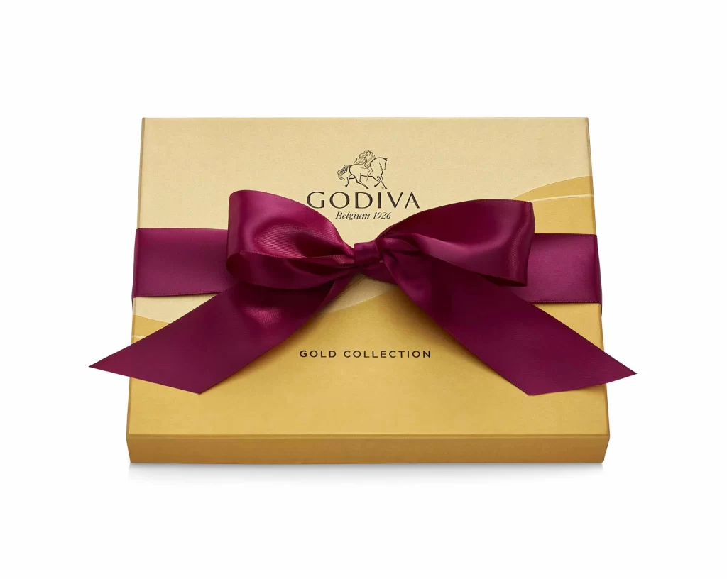 Godiva Assorted Chocolate Gold Gift Box Solid Wine Ribbon 18 pc Packaging