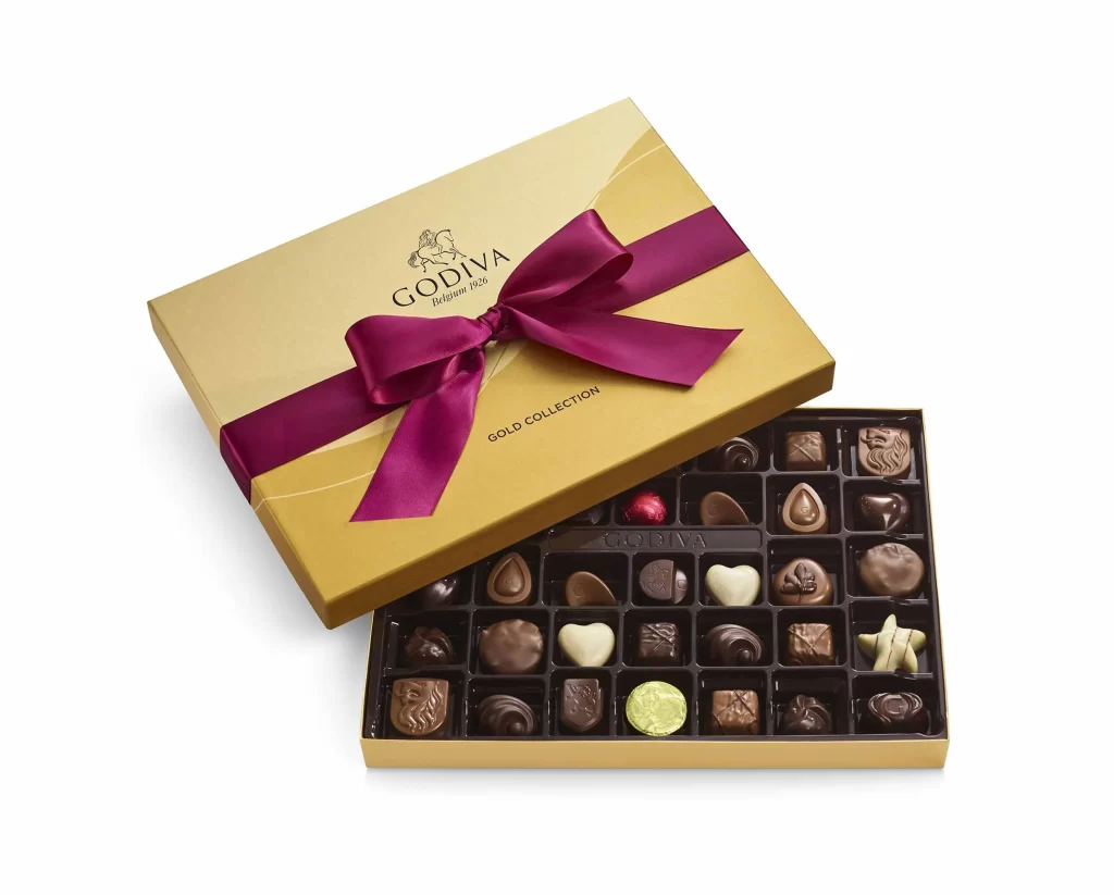 Godiva Assorted Chocolate Gold Gift Box Solid Wine Ribbon 36 pc Packaging