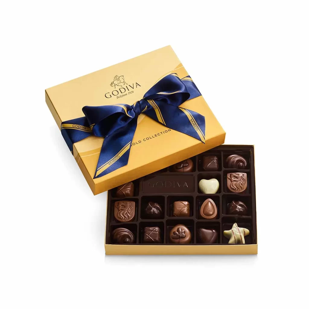 Godiva Assorted Chocolate Gold Gift Box Striped Ribbon 18 pc Packaging