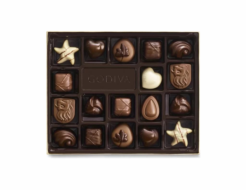 Godiva Assorted Chocolate Gold Gift Box Striped Ribbon 18 pc Packaging