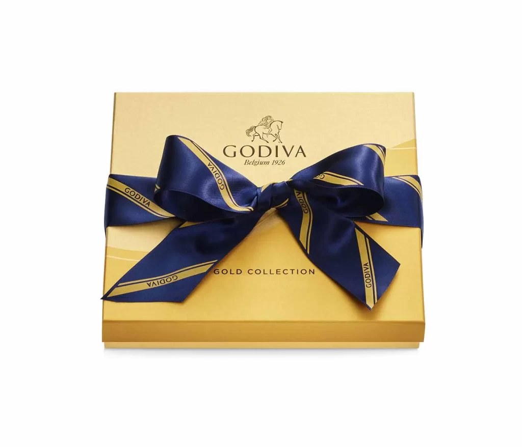 Godiva Assorted Chocolate Gold Gift Box Striped Ribbon 18 pc Packaging