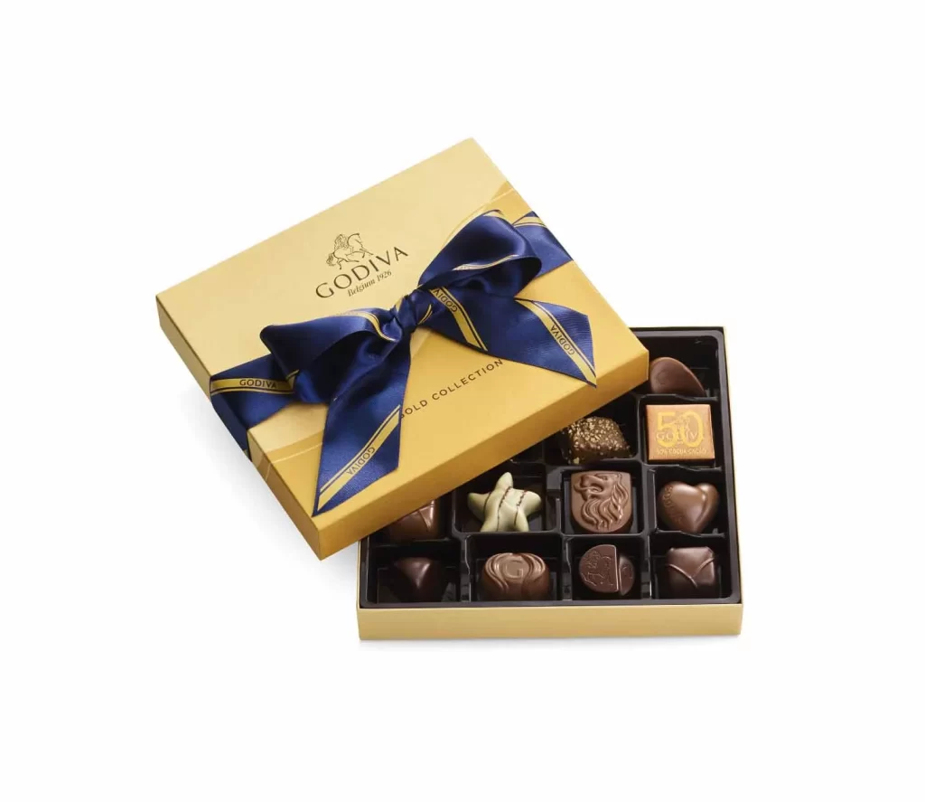 Godiva Assorted Chocolate Gold Gift Box Striped Ribbon 19 pc Packaging