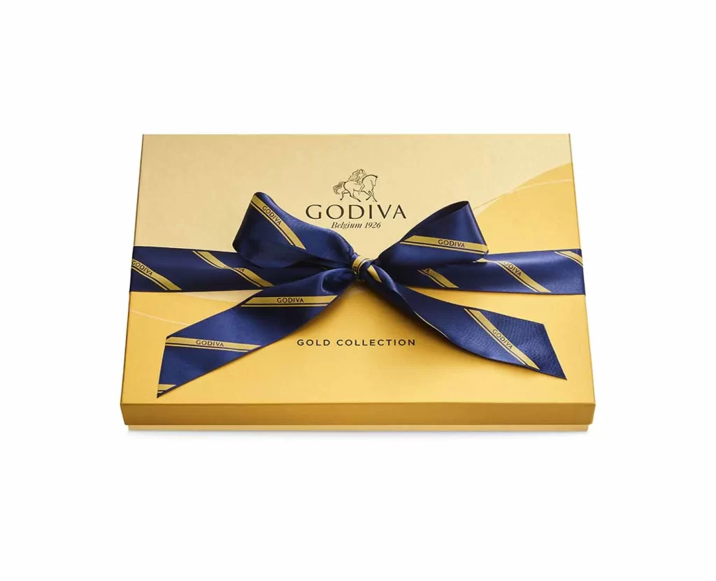Godiva Assorted Chocolate Gold Gift Box Striped Ribbon 36 pc Packaging
