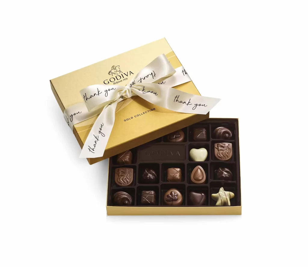Godiva Assorted Chocolate Gold Gift Box Thank You Ribbon 18 pc Packaging