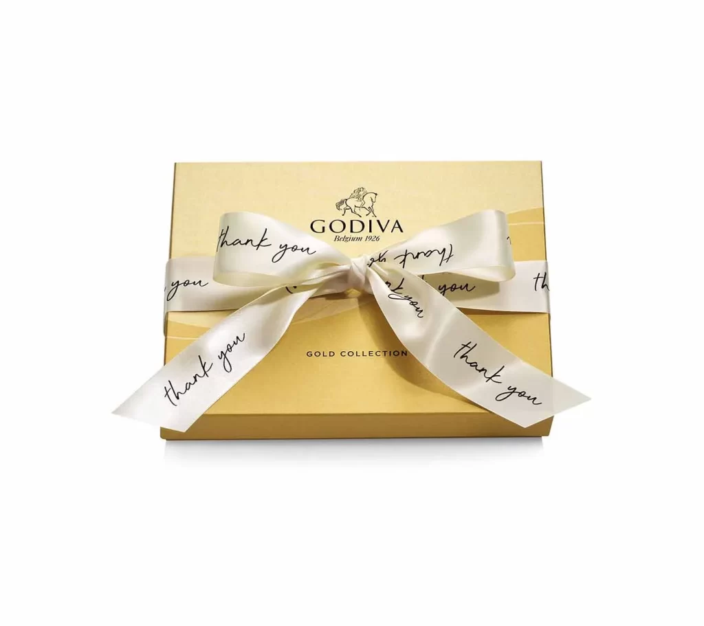 Godiva Assorted Chocolate Gold Gift Box Thank You Ribbon 18 pc Packaging