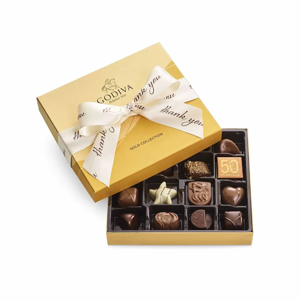 Godiva Assorted Chocolate Gold Gift Box Thank You Ribbon 19 pc Packaging