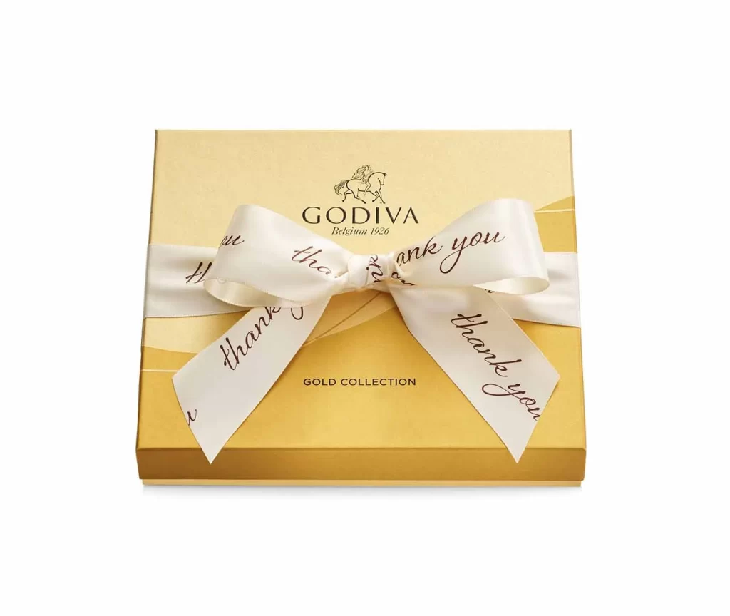 Godiva Assorted Chocolate Gold Gift Box Thank You Ribbon 19 pc Packaging