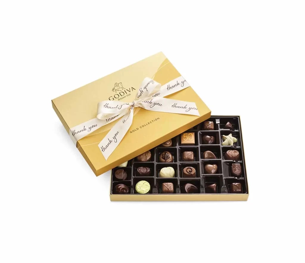 Godiva Assorted Chocolate Gold Gift Box Thank You Ribbon 36 pc Packaging