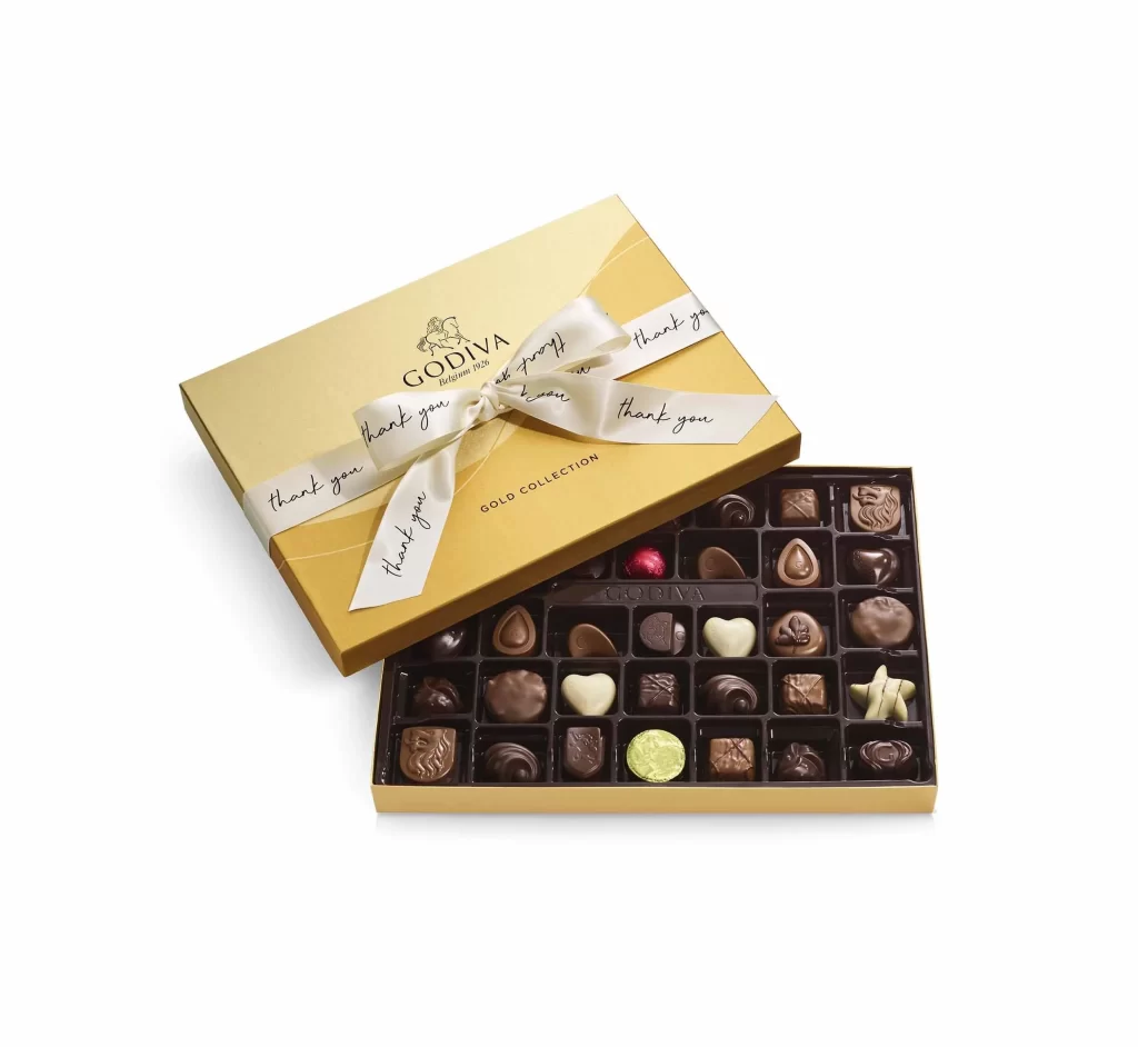Godiva Assorted Chocolate Gold Gift Box Thank You Ribbon 36 pc Packaging