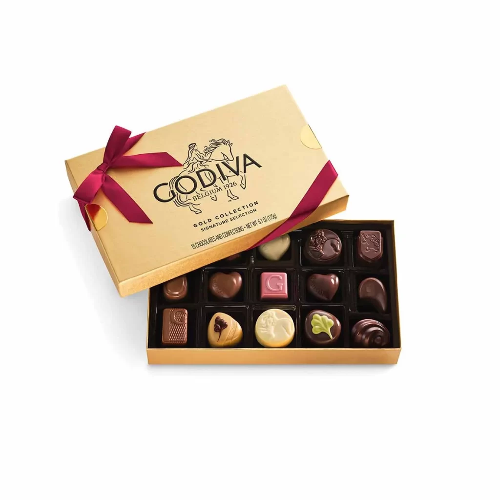 Godiva Assorted Chocolate Gold Gift Box Wine Ribbon 15 pc Packaging