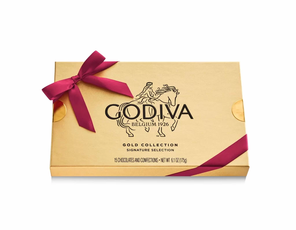 Godiva Assorted Chocolate Gold Gift Box Wine Ribbon 15 pc Packaging