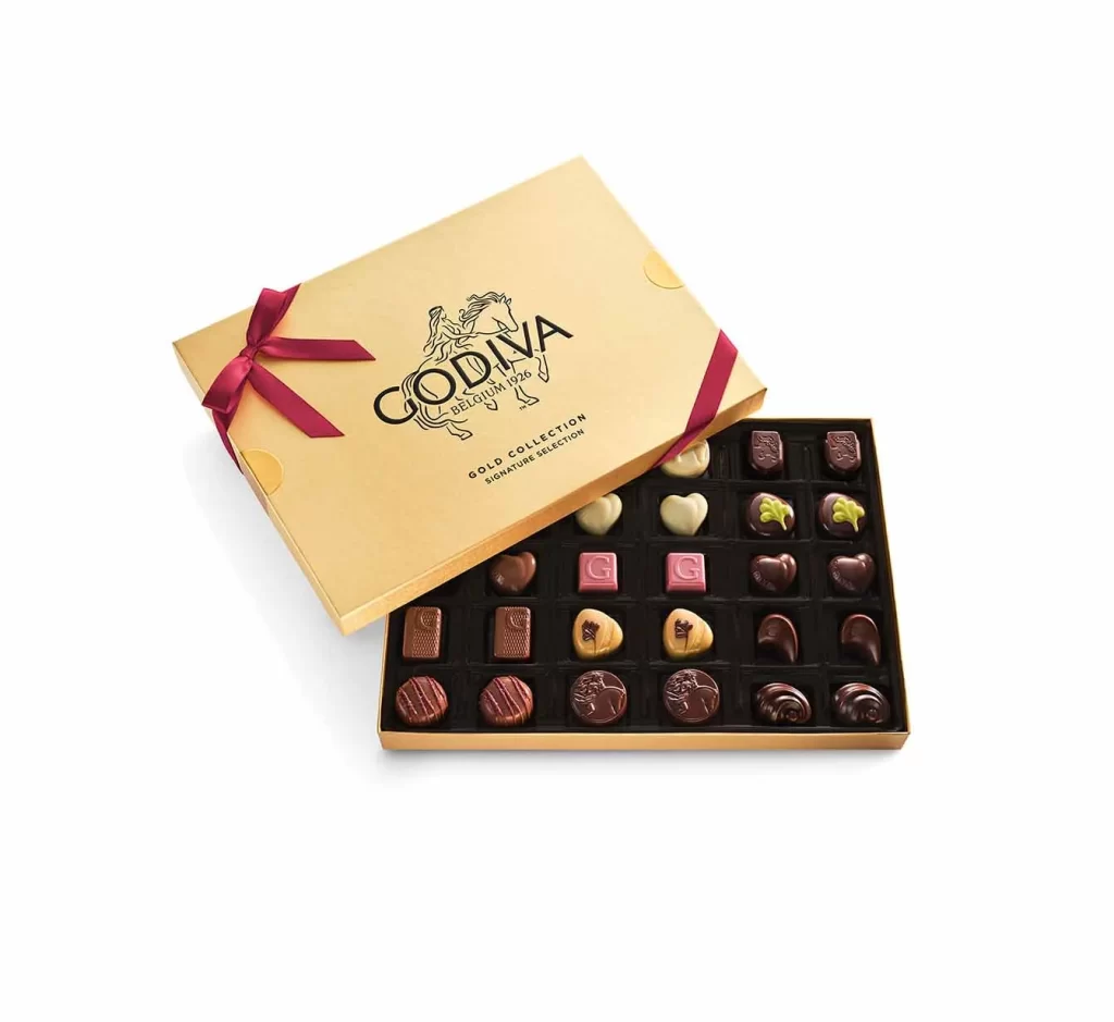 Godiva Assorted Chocolate Gold Gift Box Wine Ribbon 30 pc Packaging