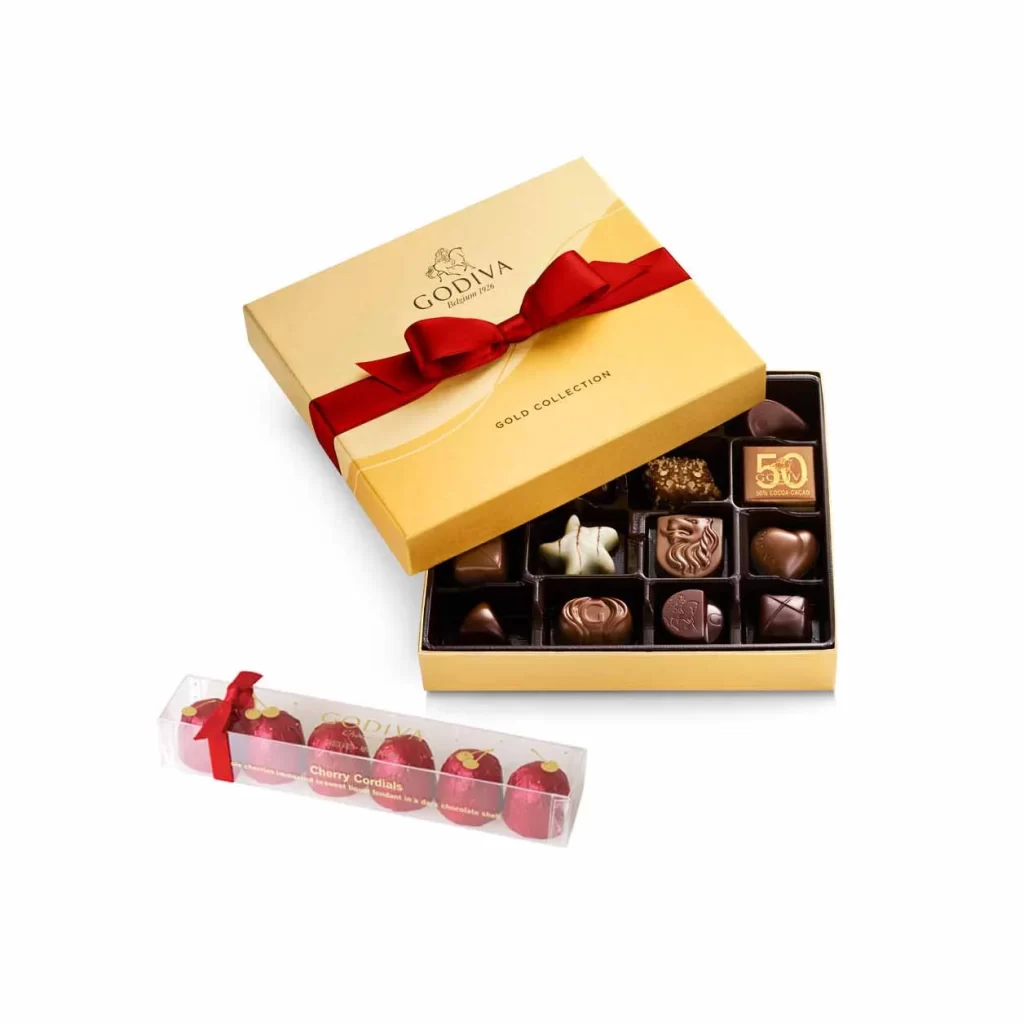 Godiva Assorted Chocolate Gold Gift Box with Red Ribbon 19 pc + Cherry Cordials Packaging