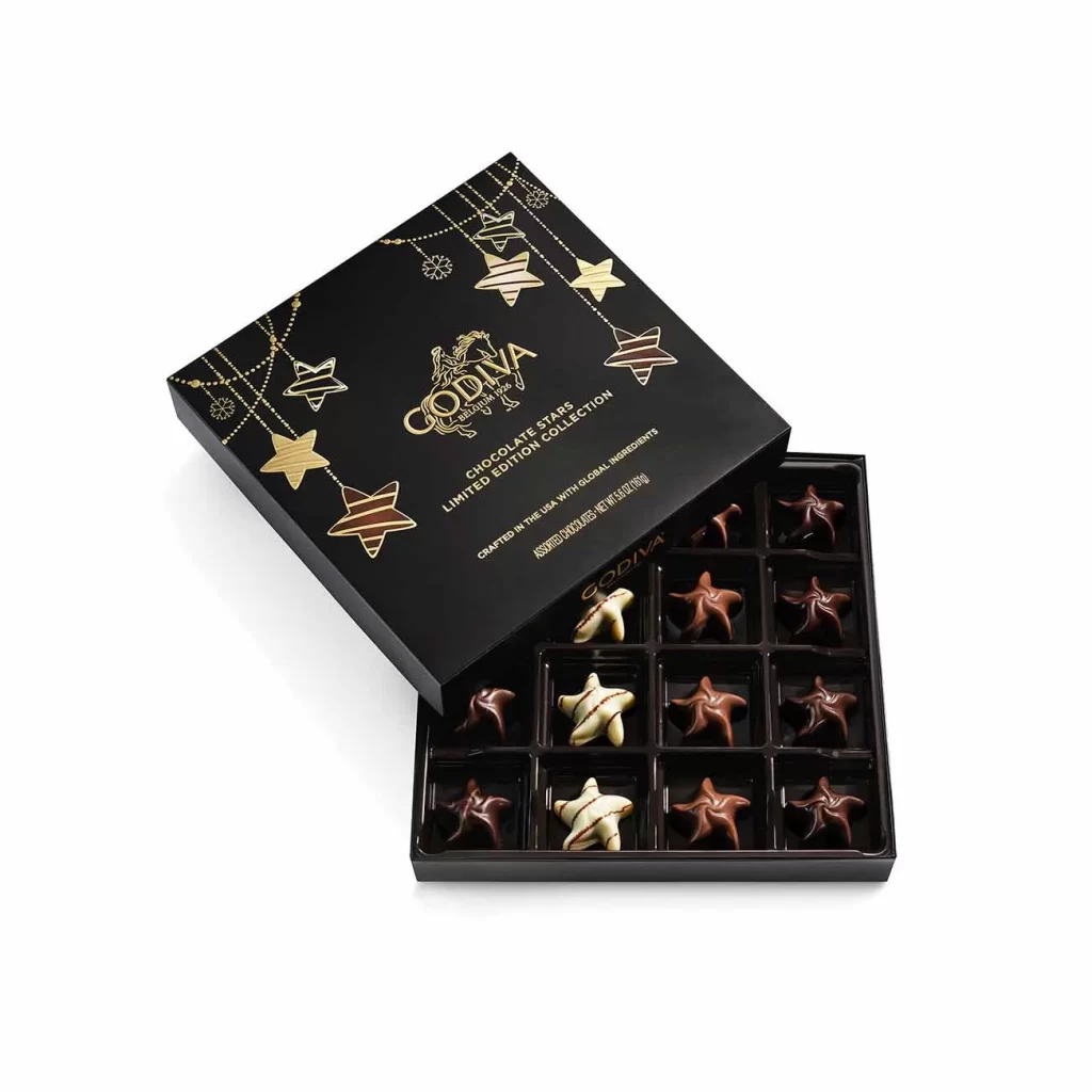 Godiva Assorted Holiday Stars Gift Box 16 pc Packaging
