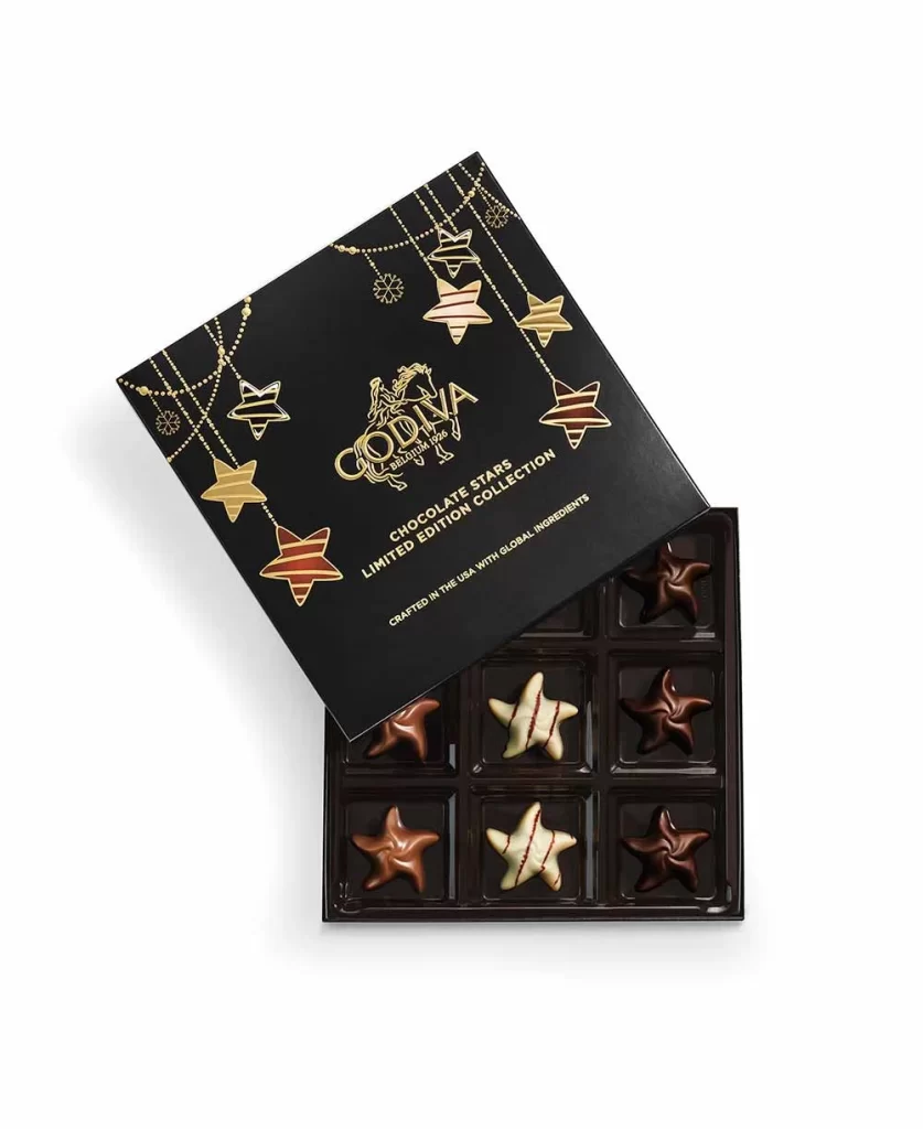 Godiva Assorted Holiday Stars Gift Box 9 pc Packaging
