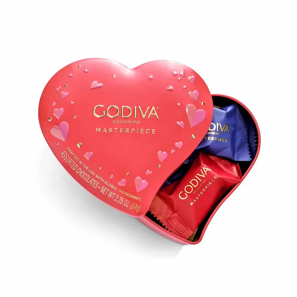 Godiva Assorted Masterpiece Heart Tin 7 pc Packaging