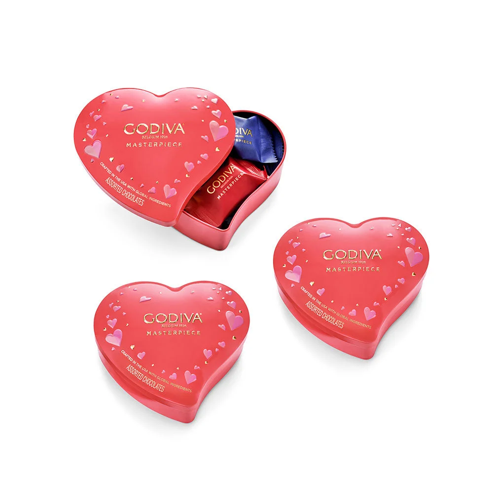 Godiva Assorted Masterpiece Heart Tin 7pcSet of 3 Packaging