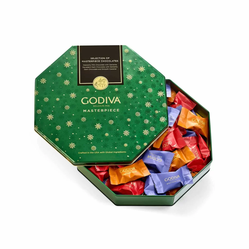 Godiva Assorted Masterpiece Holiday Tin 50 pc Packaging