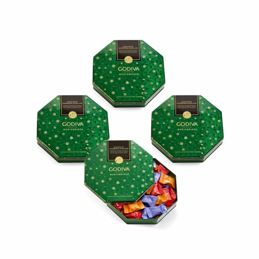 Godiva Assorted Masterpiece Holiday Tin 50 pc Set of 4 Packaging